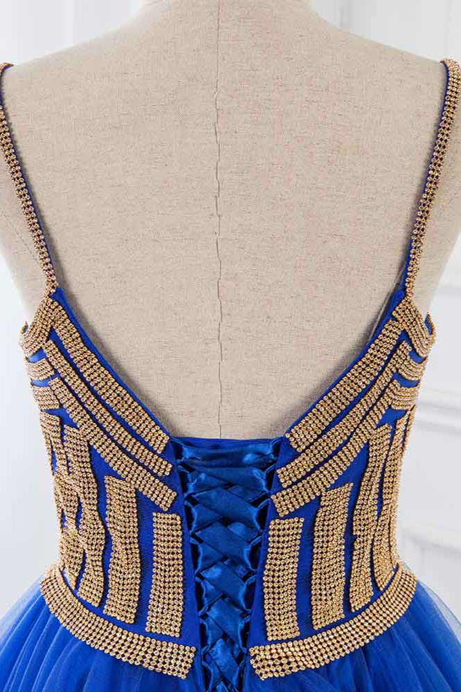 BMbridal Elegant Spaghetti Straps V-Neck Sleeveless Prom Dresses with Rhinestone Ruffles