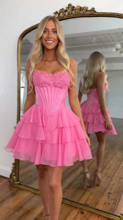 Sweetheart Strapless Boned Corset Homecoming Dress Lace Applique Tiered Ruffle Chiffon Mini