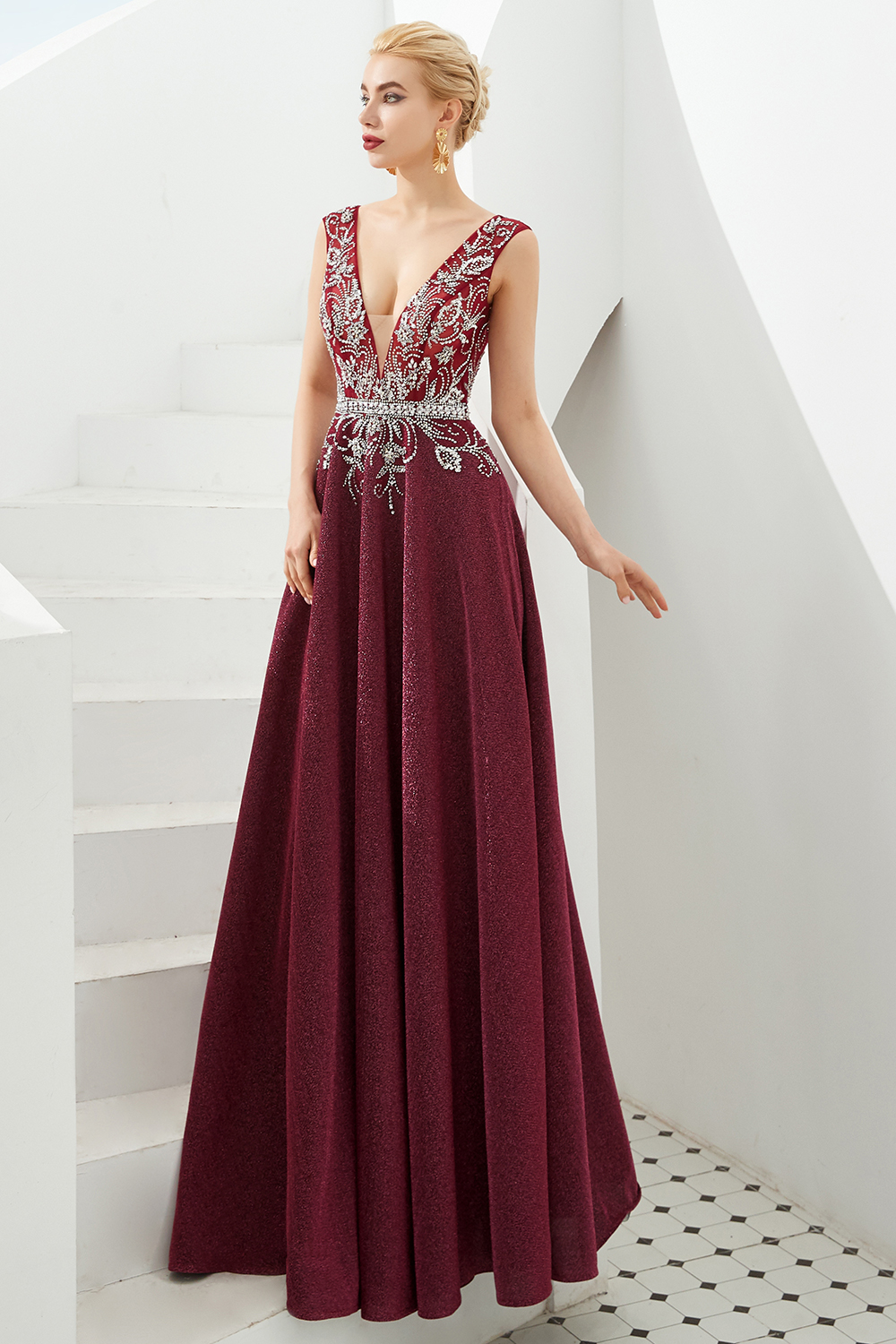 BMbridal Shinning Bugrundy Crystal  Prom Dress Long V-Neck Sleeveless Evening Gowns