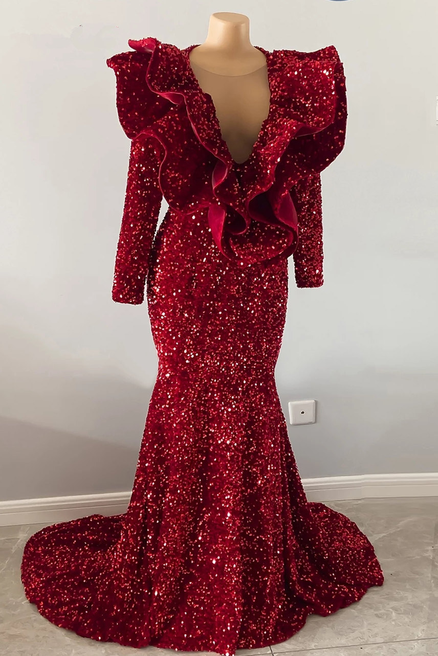 Bmbridal Burgundy Prom Dress Mermaid V-Neck With Ruffle