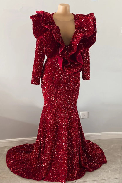 Bmbridal Burgundy Prom Dress Mermaid V-Neck With Ruffle