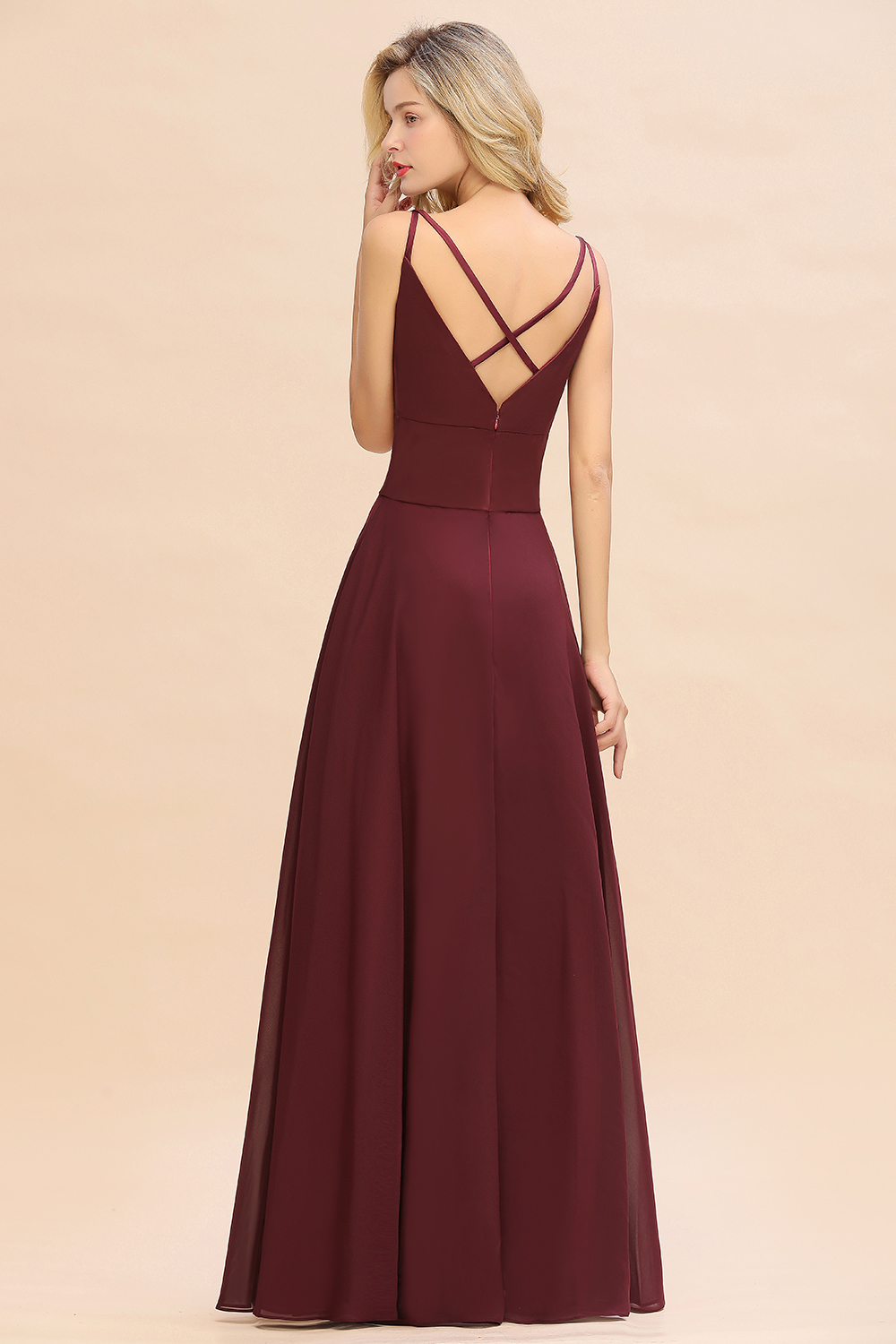 BMbridal Simple Satin Chiffon Spaghetti-Straps Burgundy Long Bridesmaid Dress-BMbridal