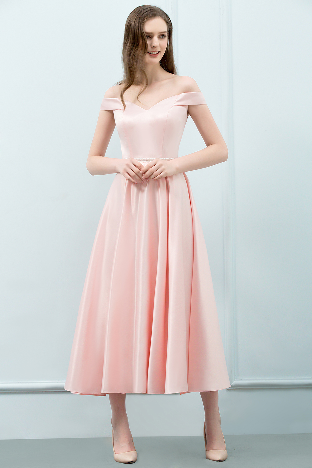 BMbridal A-line Off-shoulder Tea Length Pink Prom Dress with Sash