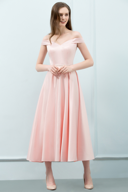 BMbridal A-line Off-shoulder Tea Length Pink Prom Dress with Sash