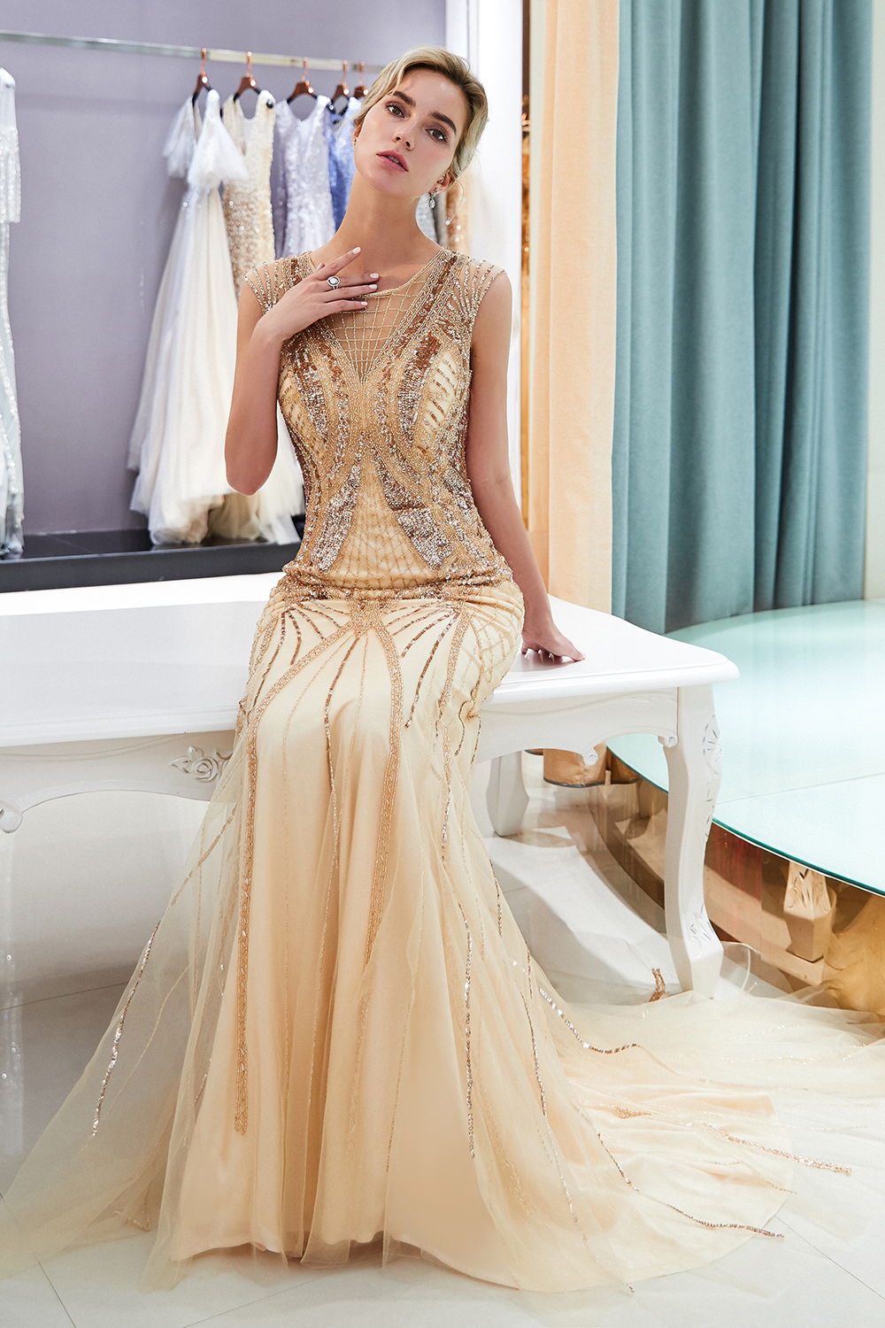 BMbridal Affordable Mermaid Sleeveless Golden Sequins Beading Formal Party Dresses