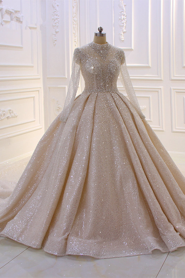 Stylish High-Neck Long Sleeves Satin Ball Gown Wedding Dress with Sequins