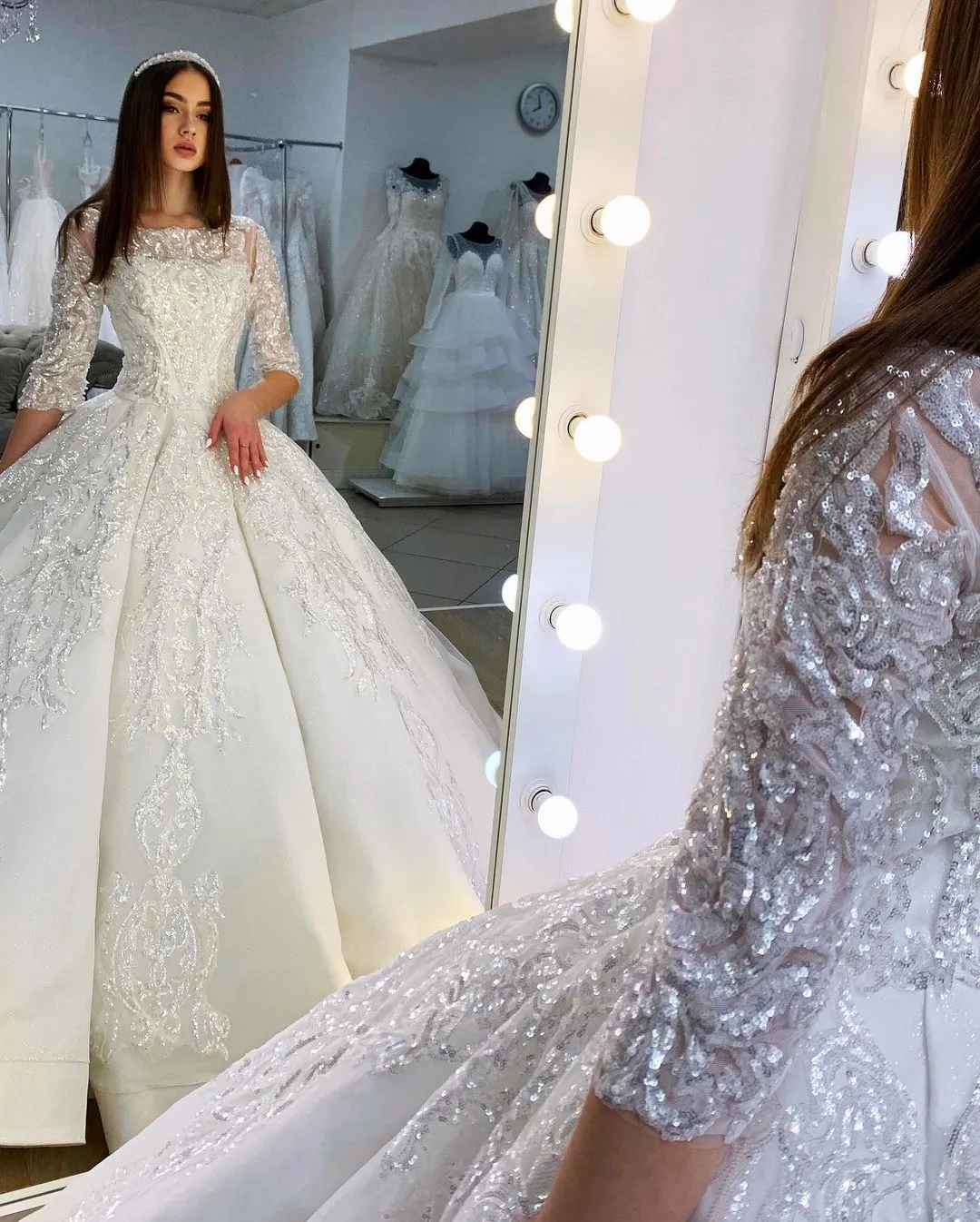 Classy Floor-Length Satin Princess Bateau Wedding Dress Long Sleeves with Appliques Lace