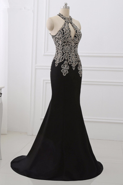BMbridal Chic High-Neck Sleeveless Black Mermaid Prom Dresses with Appliques Beadings