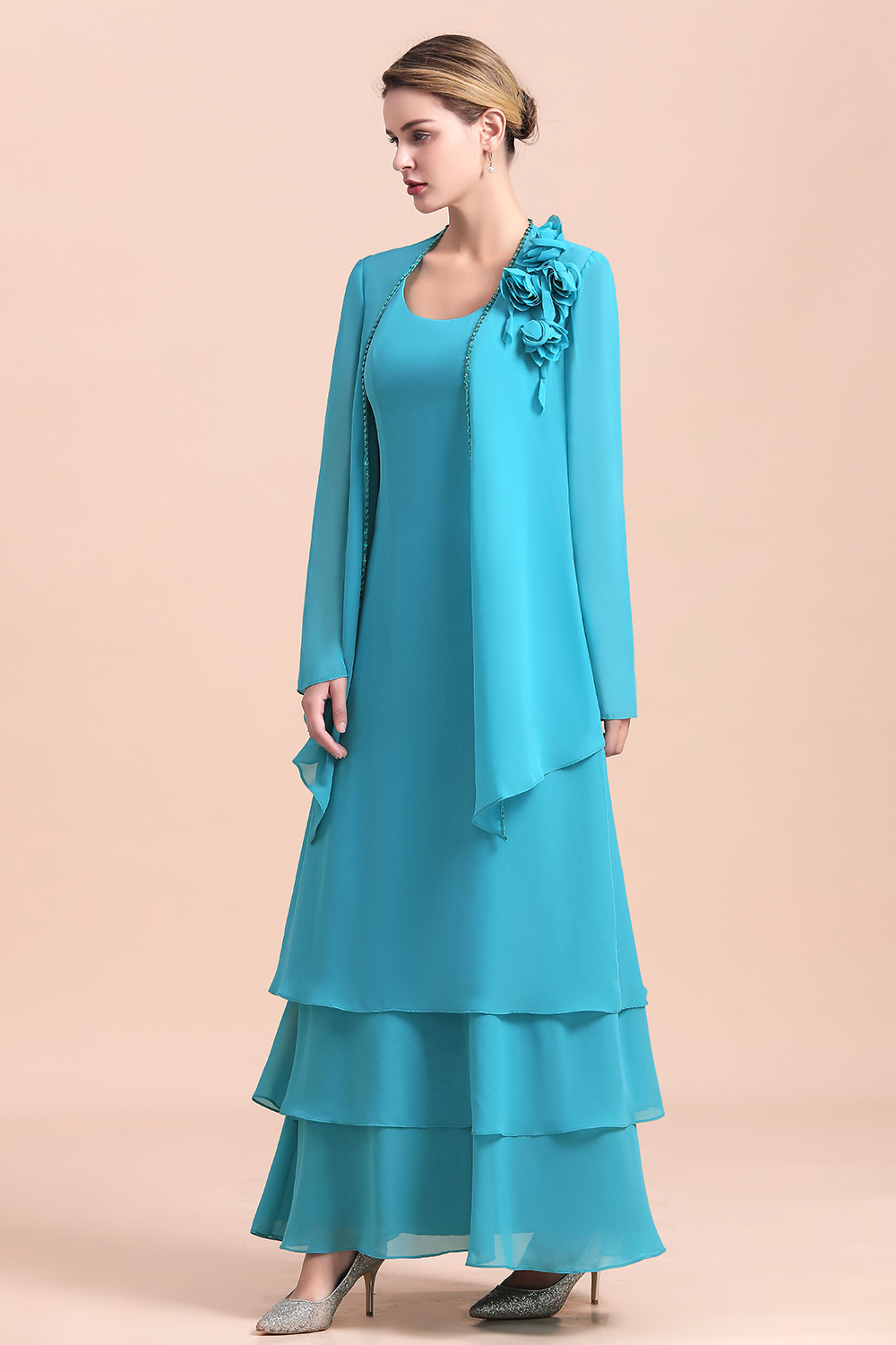 BMbridal Gorgeous Square Neck Flowers Layers Mother of Bride Dress with Long Wraps-BMbridal