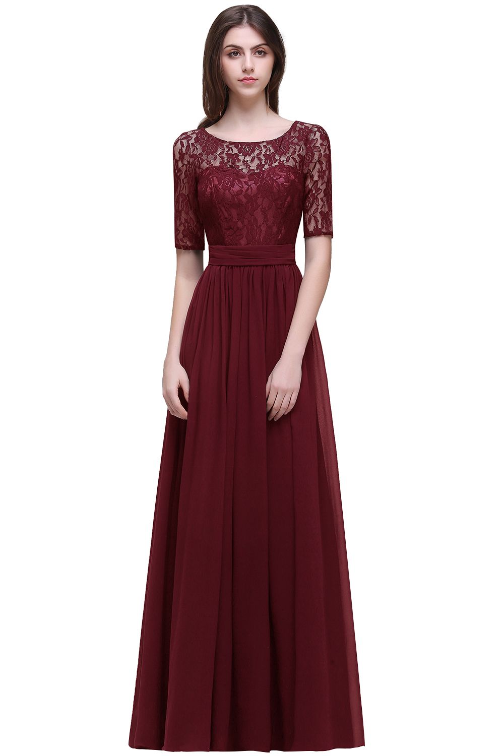BMbridal Half-Sleeve Lace Long Chiffon Evening Dress