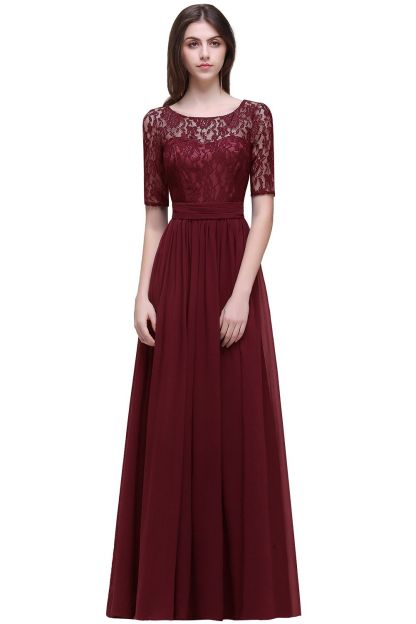 BMbridal Half-Sleeve Lace Long Chiffon Evening Dress