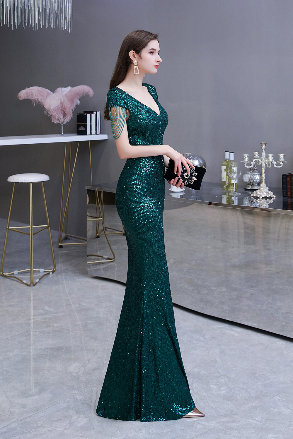 BMbridal Elegant Cap Sleeve Green Prom Dress Sequins Long Evening Gowns Online