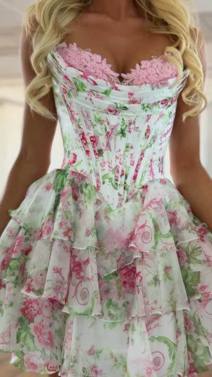 Strapless Sweetheart Lace Trim Floral Corset Homecoming Dress Tiered Ruffle Chiffon Mini