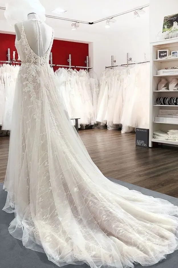 Sexy Backless Long A-Line Lace Wedding Dresses with Tulle V-Neck