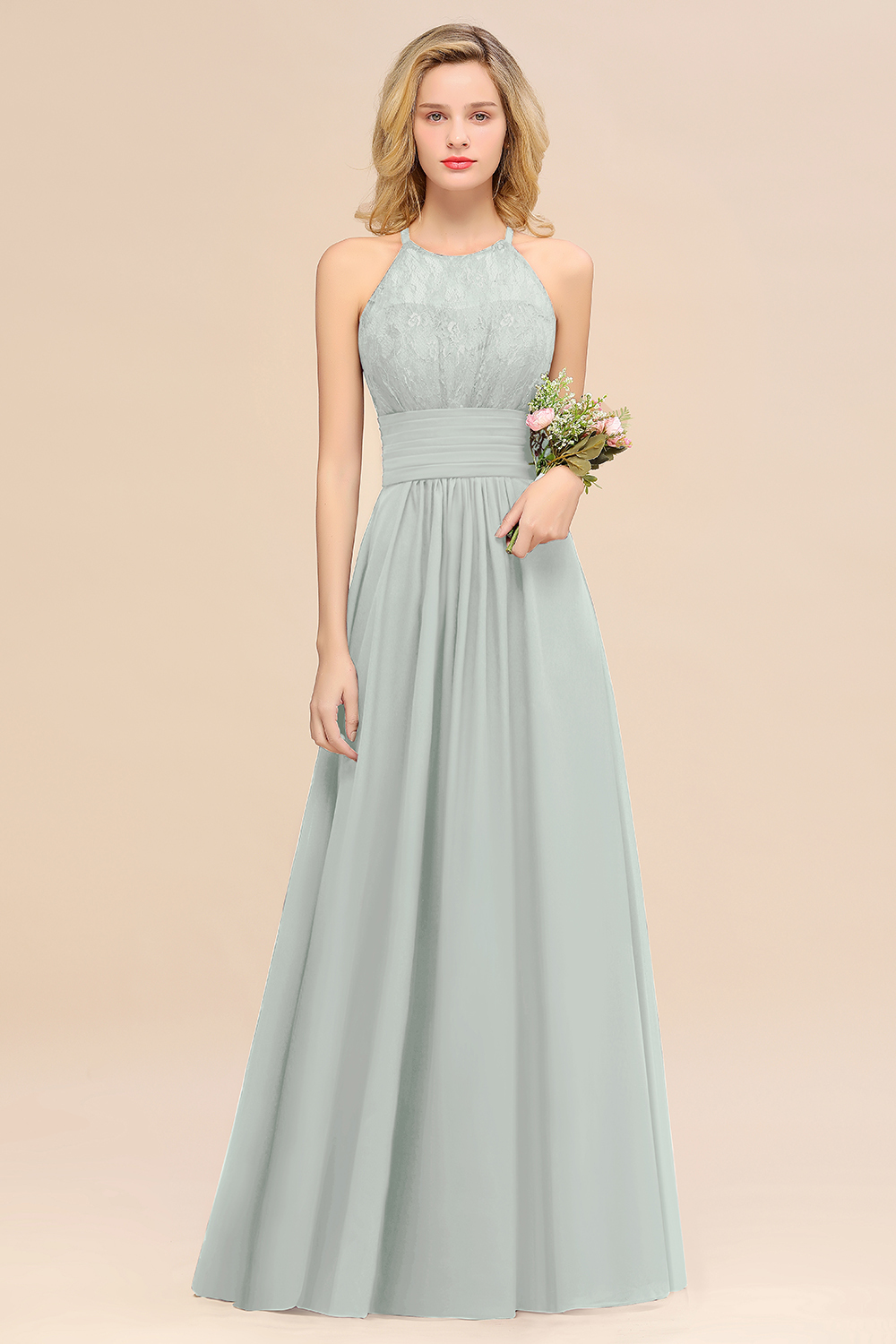 BMbridal Elegant Halter Ruffles Sleeveless Grape Lace Bridesmaid Dresses Affordable-BMbridal
