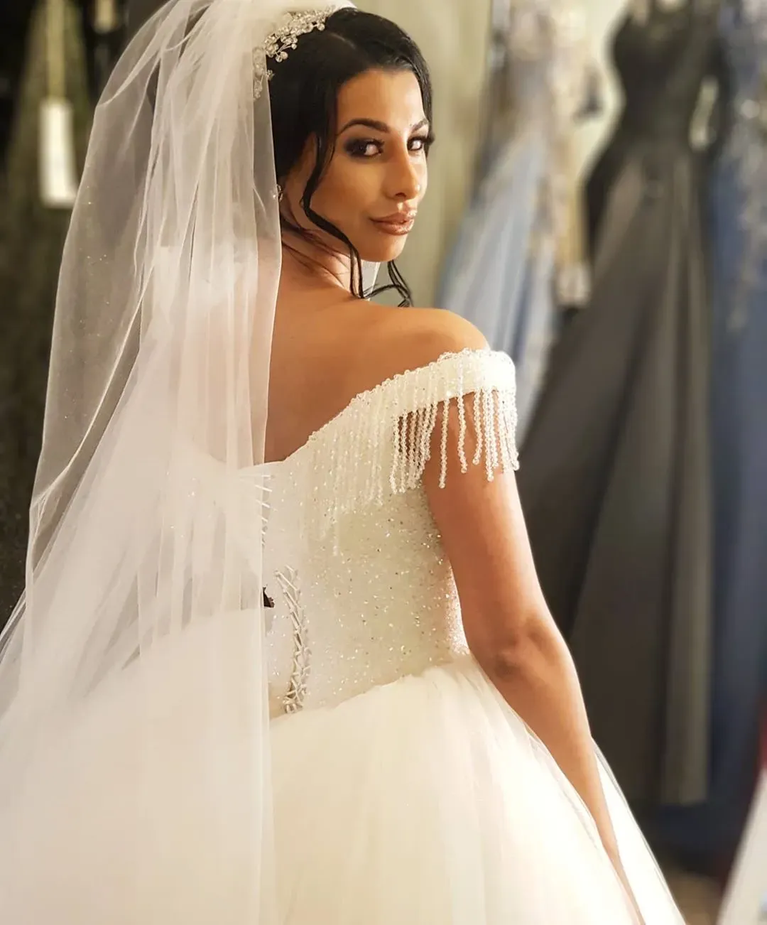 Stunning Off-the-Shoulder Beading Backless Floor-Length Wedding Dress with Tassel Tulle