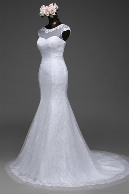BMbridal Glamorous Lace Jewel White Mermaid Wedding Dresses with Beadings Online