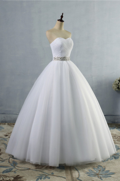 BMbridal Gorgeous Strapless Sweetheart Tulle Wedding Dress Sleeveless Ruffles Bridal Gowns with Beadings Sash-BMbridal