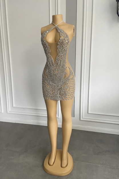 Luxurious Halter Sleeveless Short Sheath Sequined Prom Dresses with Rhinestones