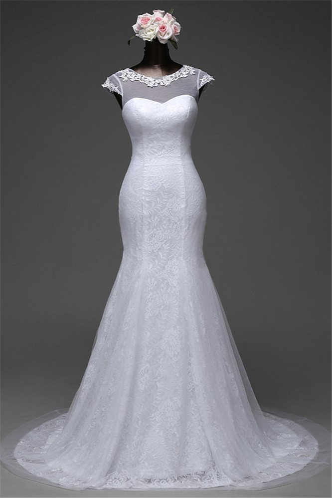 BMbridal Glamorous Lace Jewel White Mermaid Wedding Dresses with Beadings Online