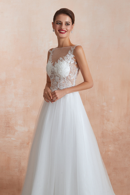 BMbridal Exquisite Sequins White Tulle Affordable Wedding Dresses with Appliques