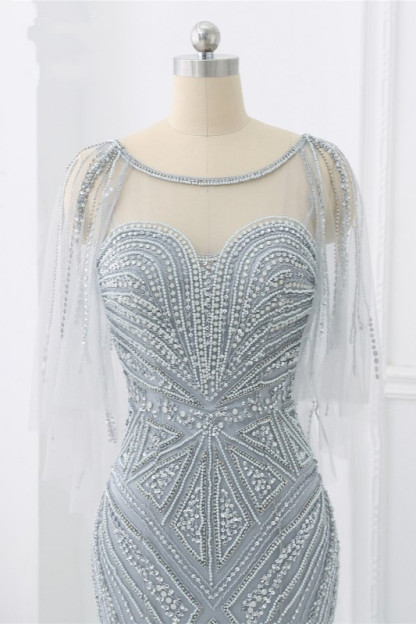 BMbridal Elegant Tulle Jewel Beadings Mermaid Prom Dresses with Ruffles Online