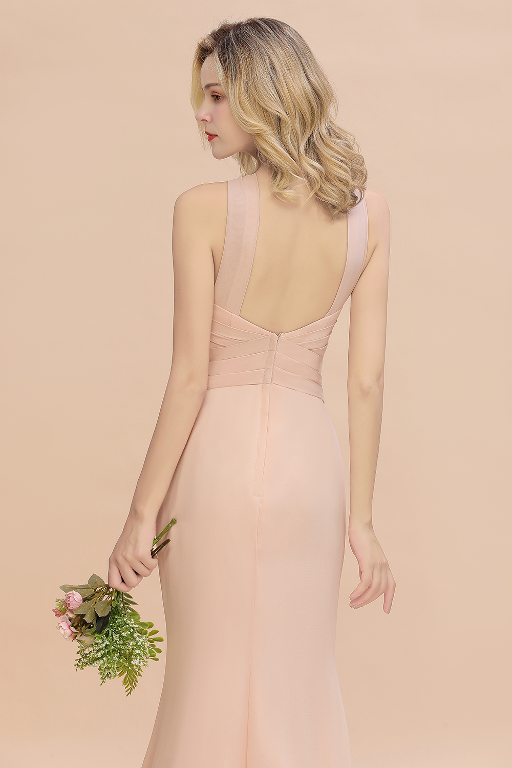 BMbridal Chic Mermaid Keyhole Pink Chiffon Long Bridesmaid Dress Affordable with Ruffle-BMbridal
