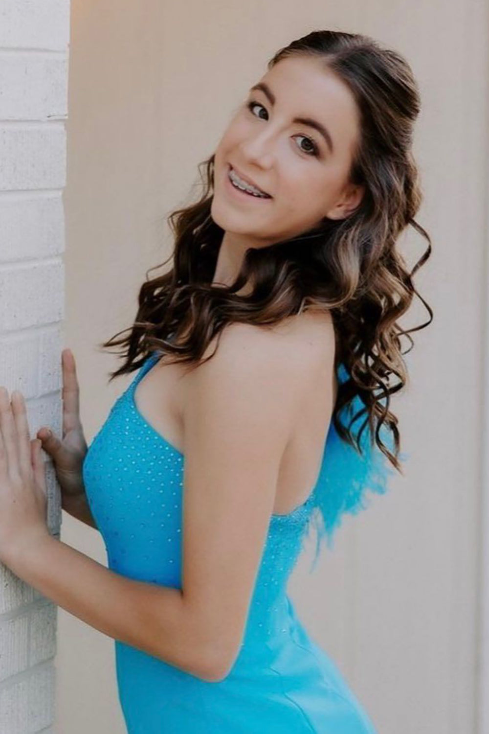 Sparkly Blue Sequined One Shoulder Tight Short Homecoming Dress with Feathers-BMbridal
