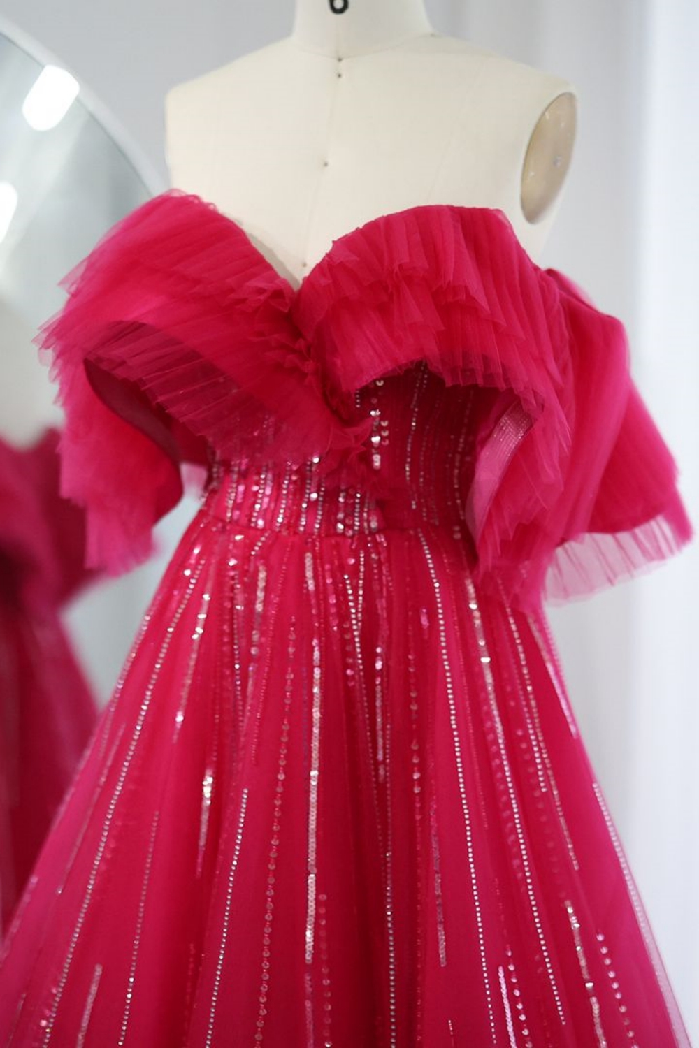 Bmbridal Fuchsia A-Line Tulle Sweetheart Floor-Length Prom Dresses with Ruffles