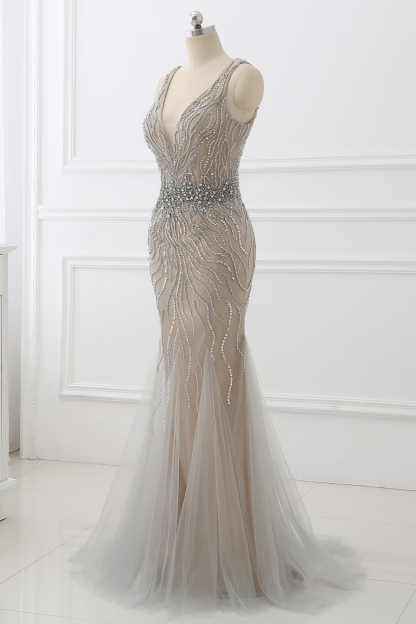 BMbridal Elegant Strap V-Neck Sleeveless Mermaid Prom Dresses with Beadings Ruffles