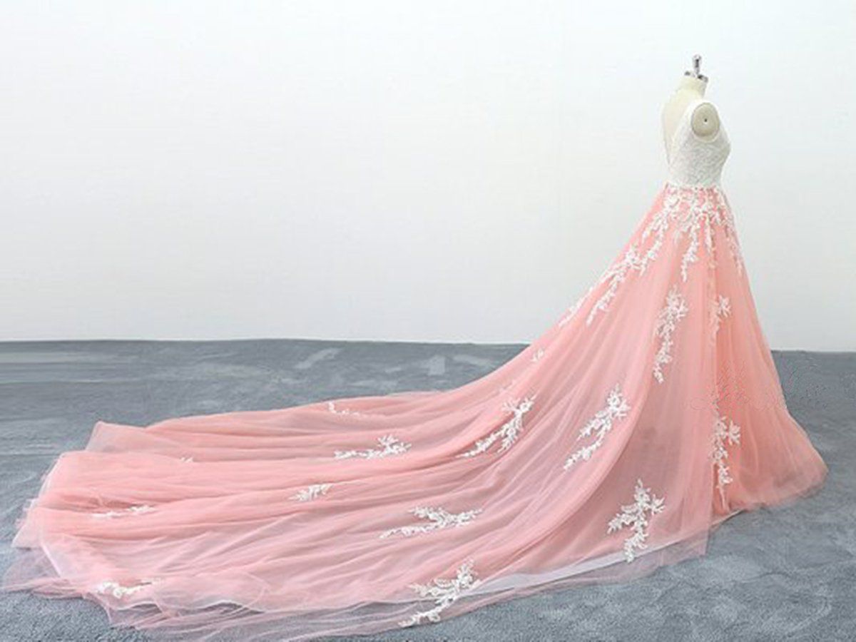 BMbridal Chic Peach Pink Tulle Lace Wedding Dress Cathedral Train Bridal Gowns On Sale