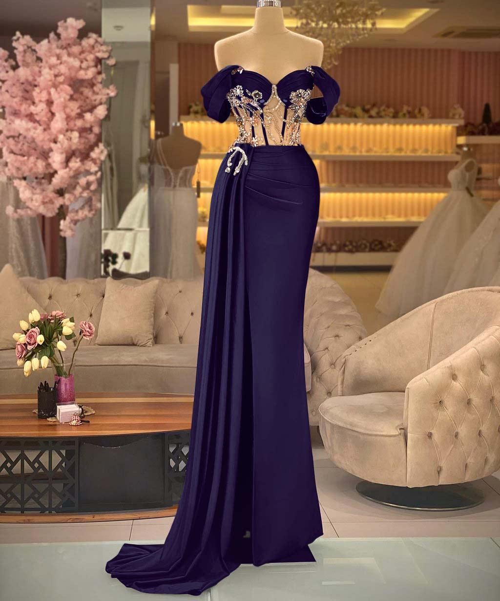 Elegant Off the Shoulder Royal Blue Beaded Sleeveless Prom Dress With Split