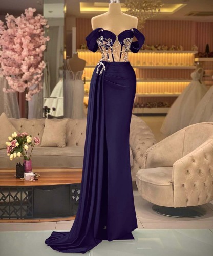 Elegant Off the Shoulder Royal Blue Beaded Sleeveless Prom Dress With Split