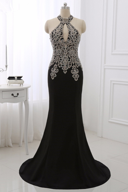 BMbridal Chic High-Neck Sleeveless Black Mermaid Prom Dresses with Appliques Beadings