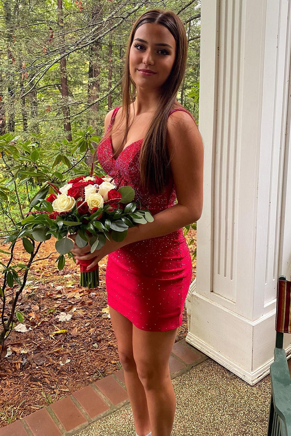 Sparkly Red Spaghetti Straps Beaded Tight Short Homecoming Dress-BMbridal