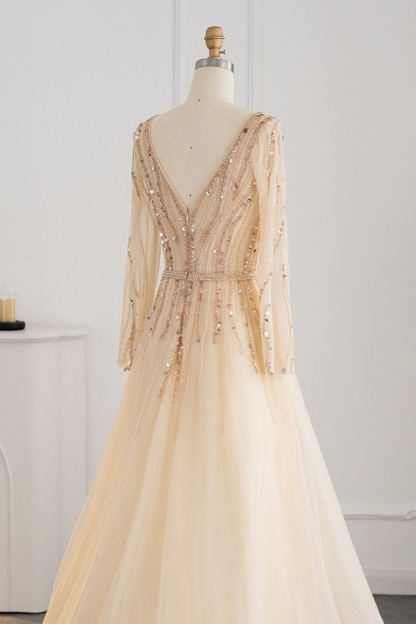 Bmbridal Champagne A-Line Long Sleeves V-Neck Prom Dresses with Appliques