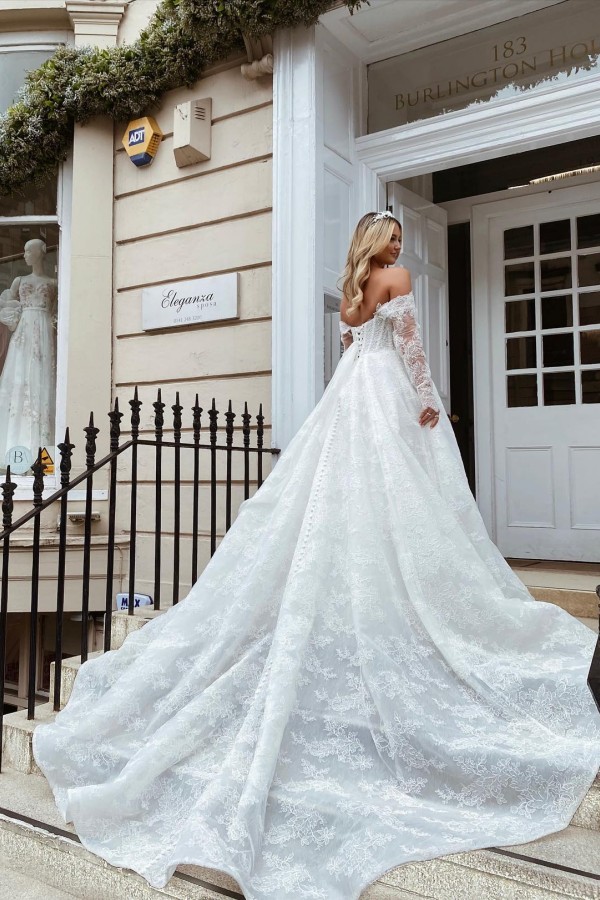 Bmbridal Long Sleeves Off-the-Shoulder Wedding Dress Lace Princess-BMbridal