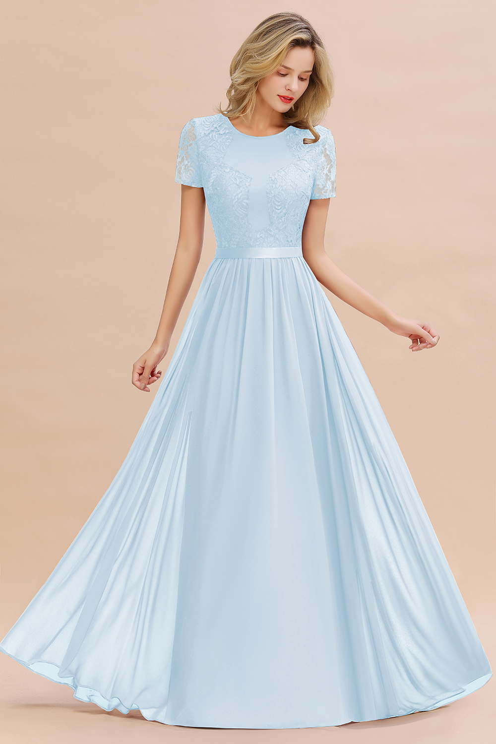BMbridal Elegant Chiffon Lace Jewel Short-Sleeves Affordable Bridesmaid Dress-BMbridal