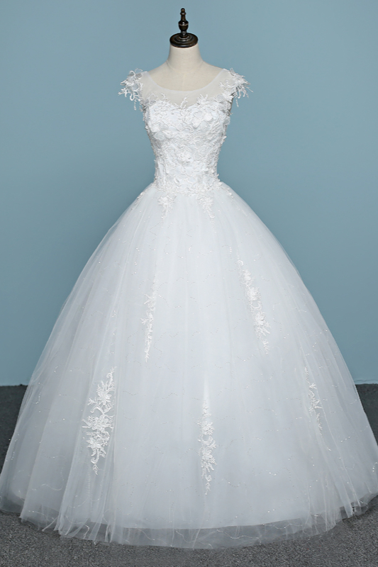 BMbridal Chic Jewel Tulle Lace White Wedding Dress Sleeveless Appliques Bridal Gowns with Flowers Online-BMbridal