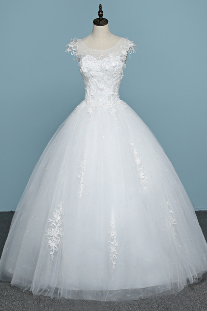 BMbridal Chic Jewel Tulle Lace White Wedding Dress Sleeveless Appliques Bridal Gowns with Flowers Online-BMbridal