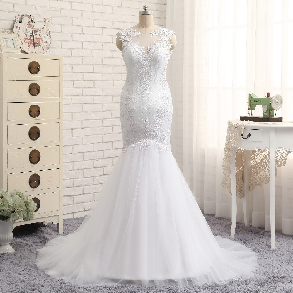 BMbridal Glamorous Jewel Sleeveless Tulle Wedding Dresses White Mermaid Satin Bridal Gowns With Appliques On Sale-BMbridal
