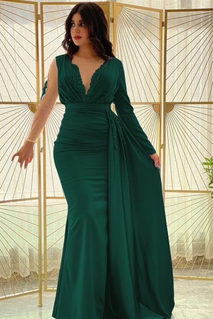 Mermaid Long Sleeves Beadings Pleated Prom Dress Side Split With Ruffles