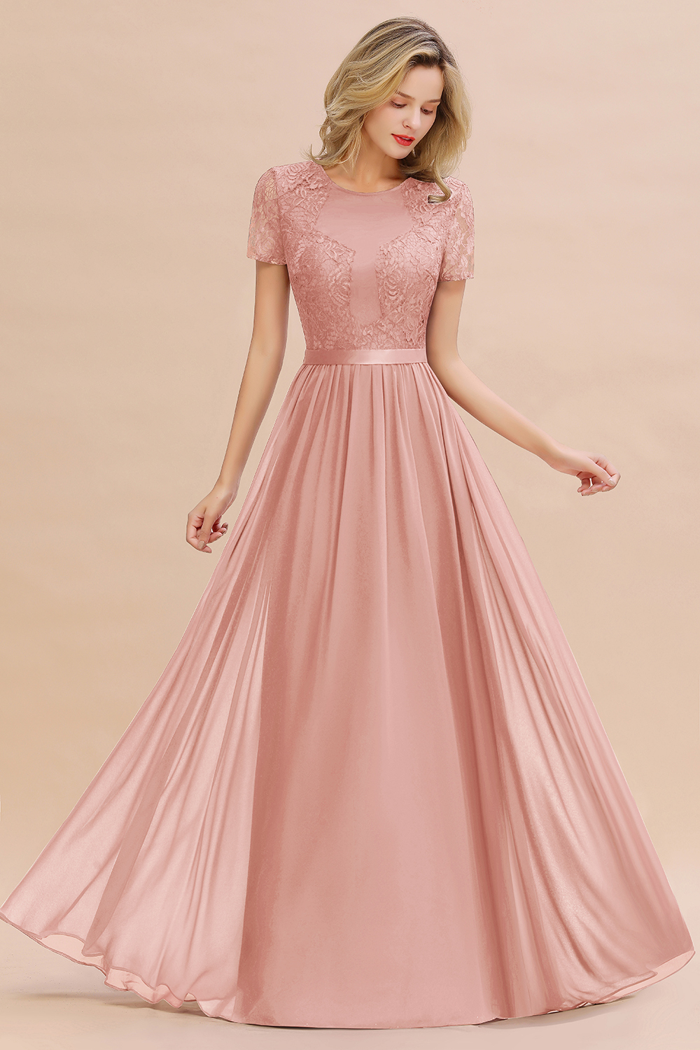 BMbridal Elegant Chiffon Lace Jewel Short-Sleeves Affordable Bridesmaid Dress-BMbridal