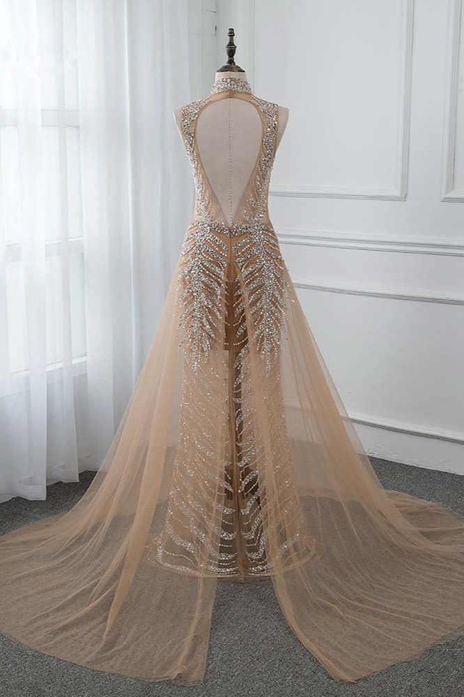 BMbridal Glamorous High-Neck Beadings Appliques Prom Dresses with Rhinestones