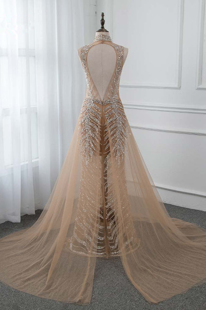 BMbridal Glamorous High-Neck Beadings Appliques Prom Dresses with Rhinestones