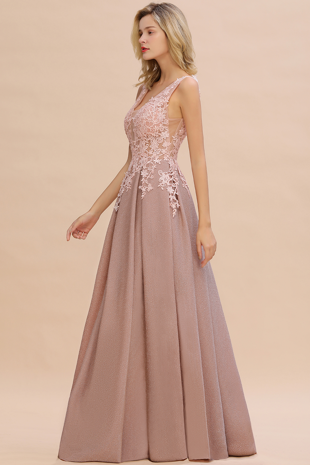 BMbridal Dusty Pink V-Neck Long Prom Dress With Lace Appliques Online