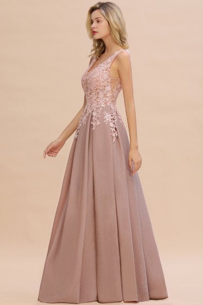 BMbridal Dusty Pink V-Neck Long Prom Dress With Lace Appliques Online