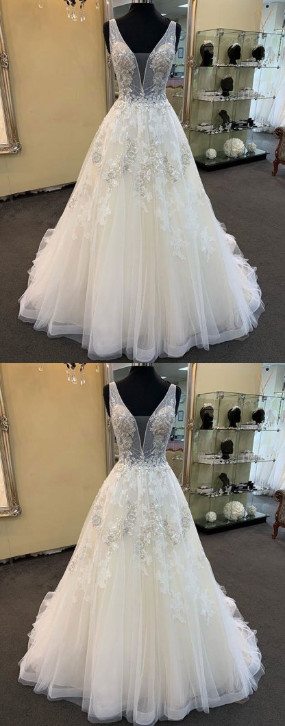 BMbridal Glamorous Unique White Tulle V-Neck Wedding Dress Long Beaded Lace Bridal Gowns On Sale
