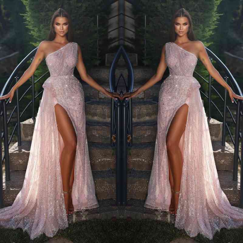 BMbridal Pink One Shoulder Mermaid Evening Dress Long Split With Sequins Beads