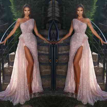 BMbridal Pink One Shoulder Mermaid Evening Dress Long Split With Sequins Beads